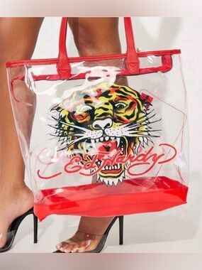 Ed Hardy Clear Tote with Red Trim and Tiger Motif